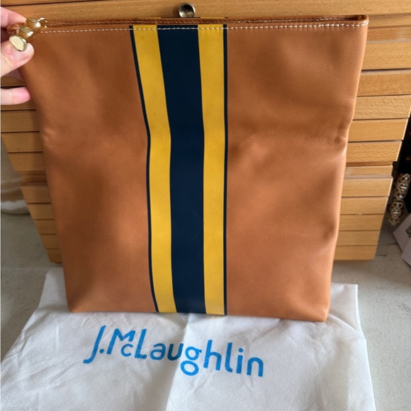 J. McLaughlin Leather Fold-Over Clutch Bag w/Navy & Yellow Stripe Brown Leather